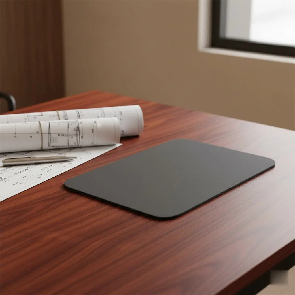 Large mouse pad covering a desk with a keyboard and mouse