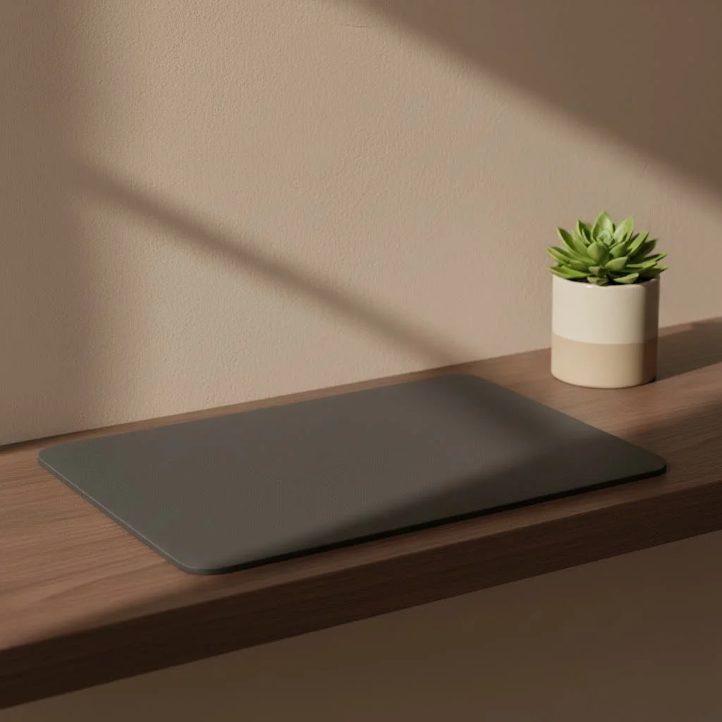Extended mouse pad covering a desk with a keyboard and mouse