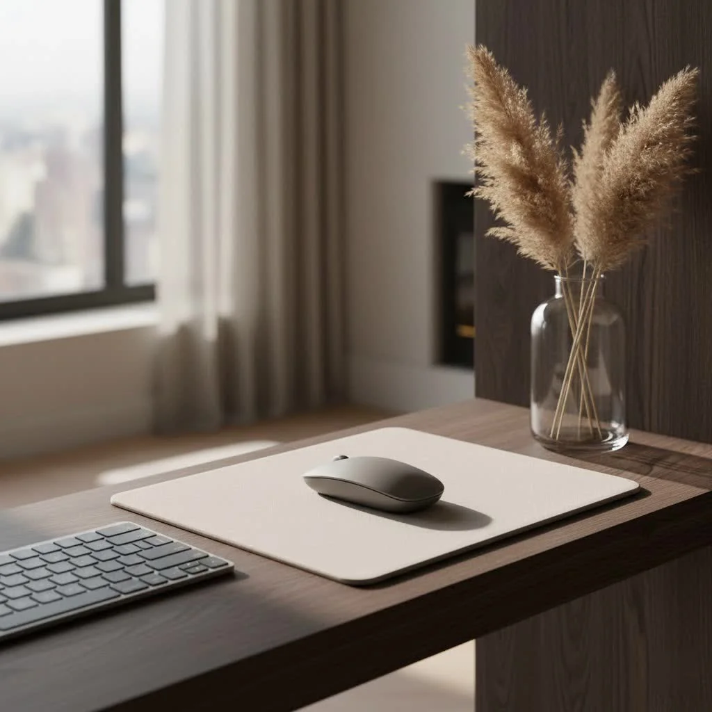Green mouse pad on a modern desk setup