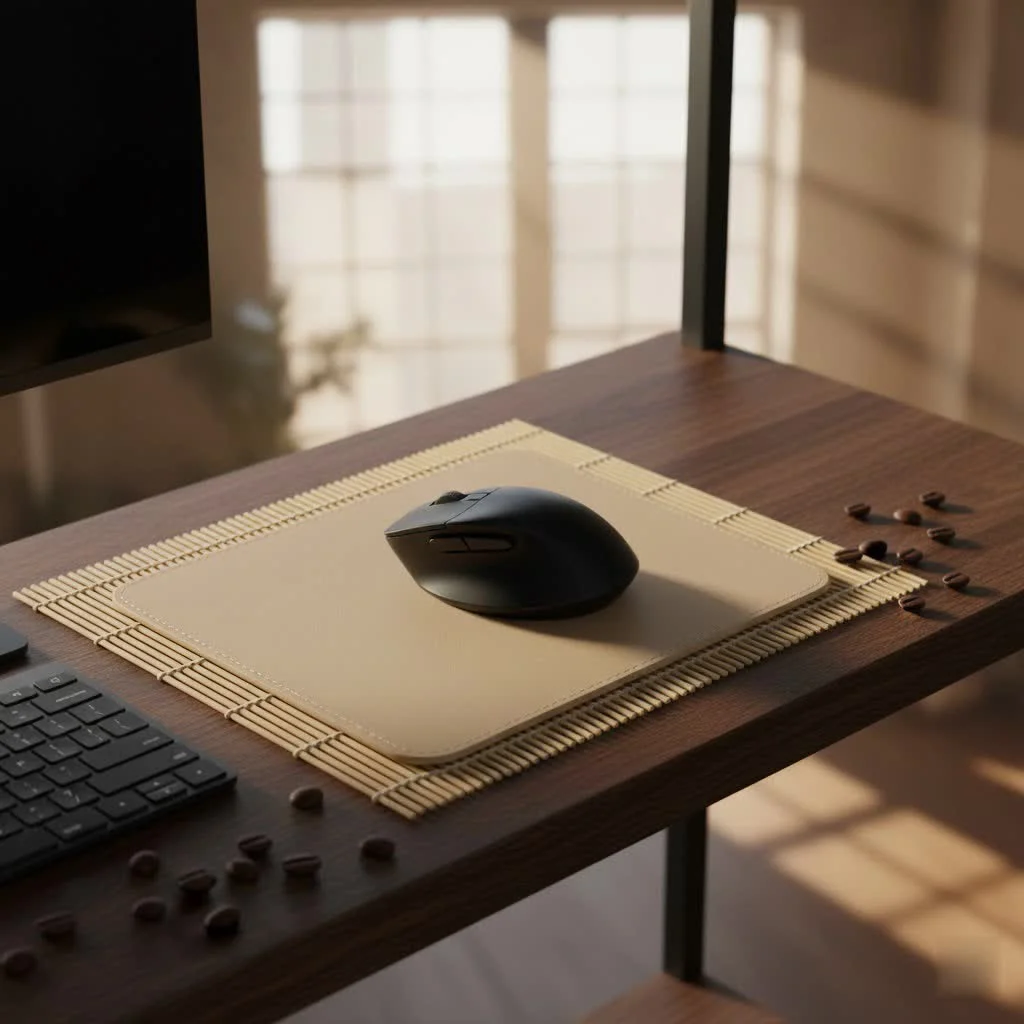 Elegant carpet mouse pad with intricate patterns on a modern desk
