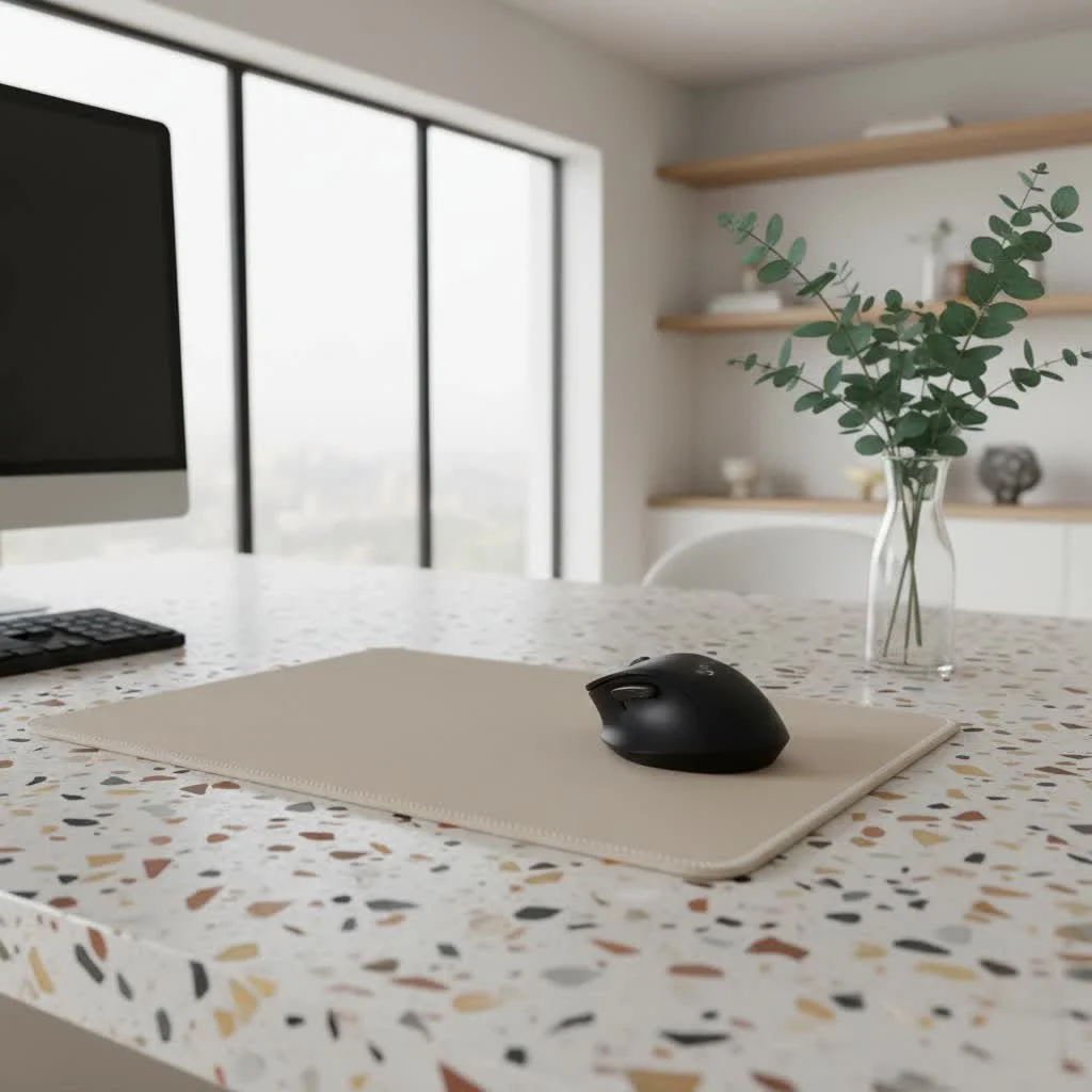Large gaming mouse pad covering a desk with keyboard and mouse