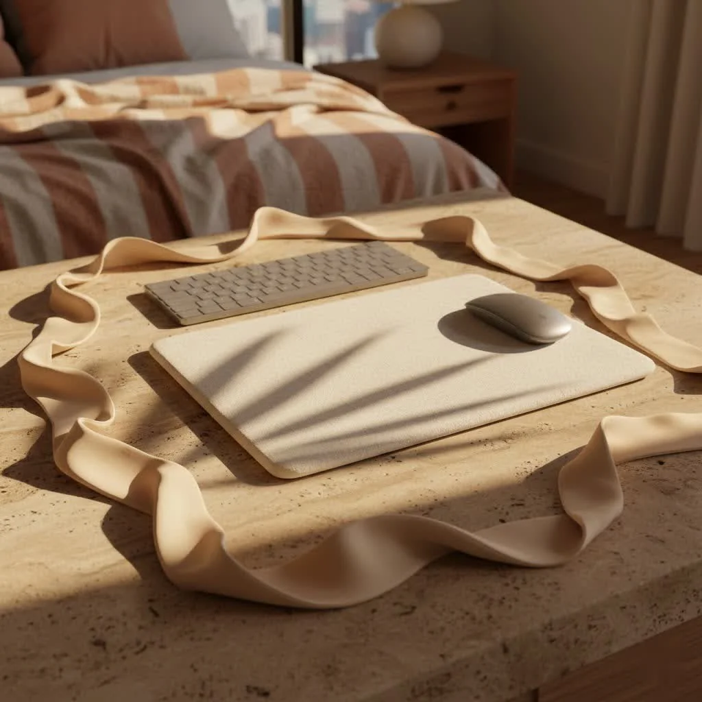 Compact laptop mouse pad with a wireless mouse on a wooden desk