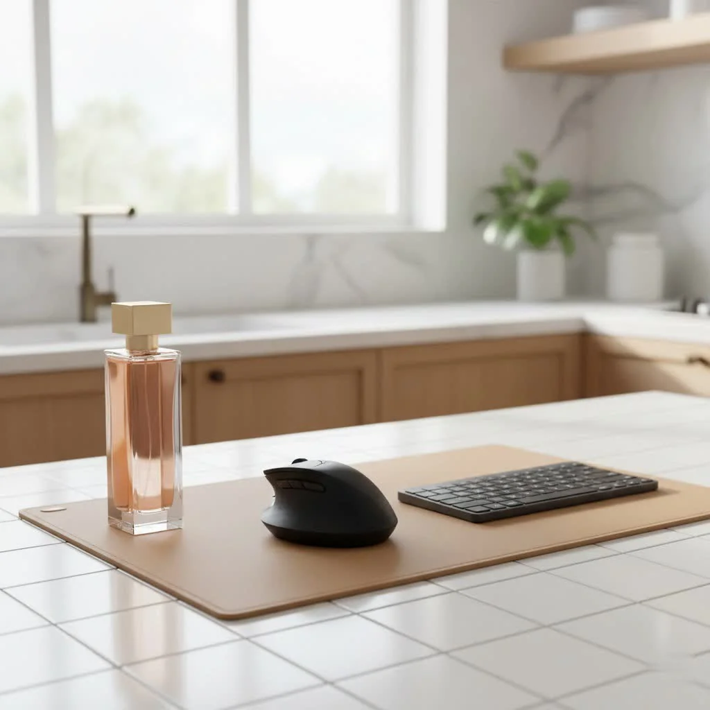 Minimalist black and white desk setup with mouse pad