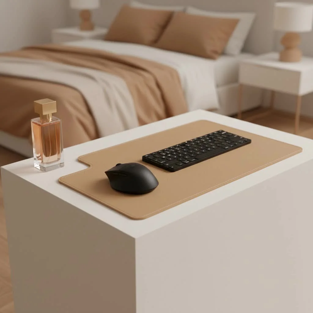 Gaming desk setup with an extended keyboard and mouse pad