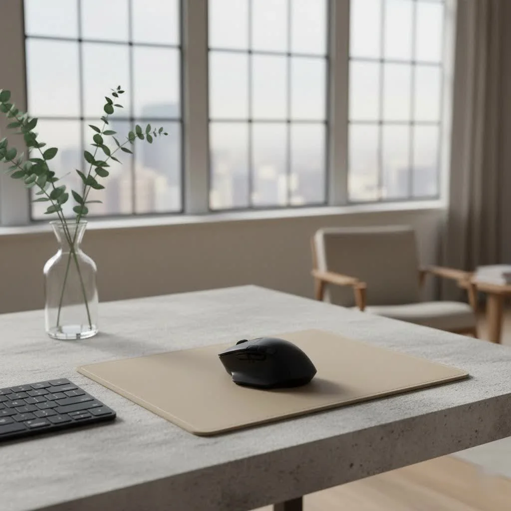 Pink mouse pad with a floral design on a clean desk