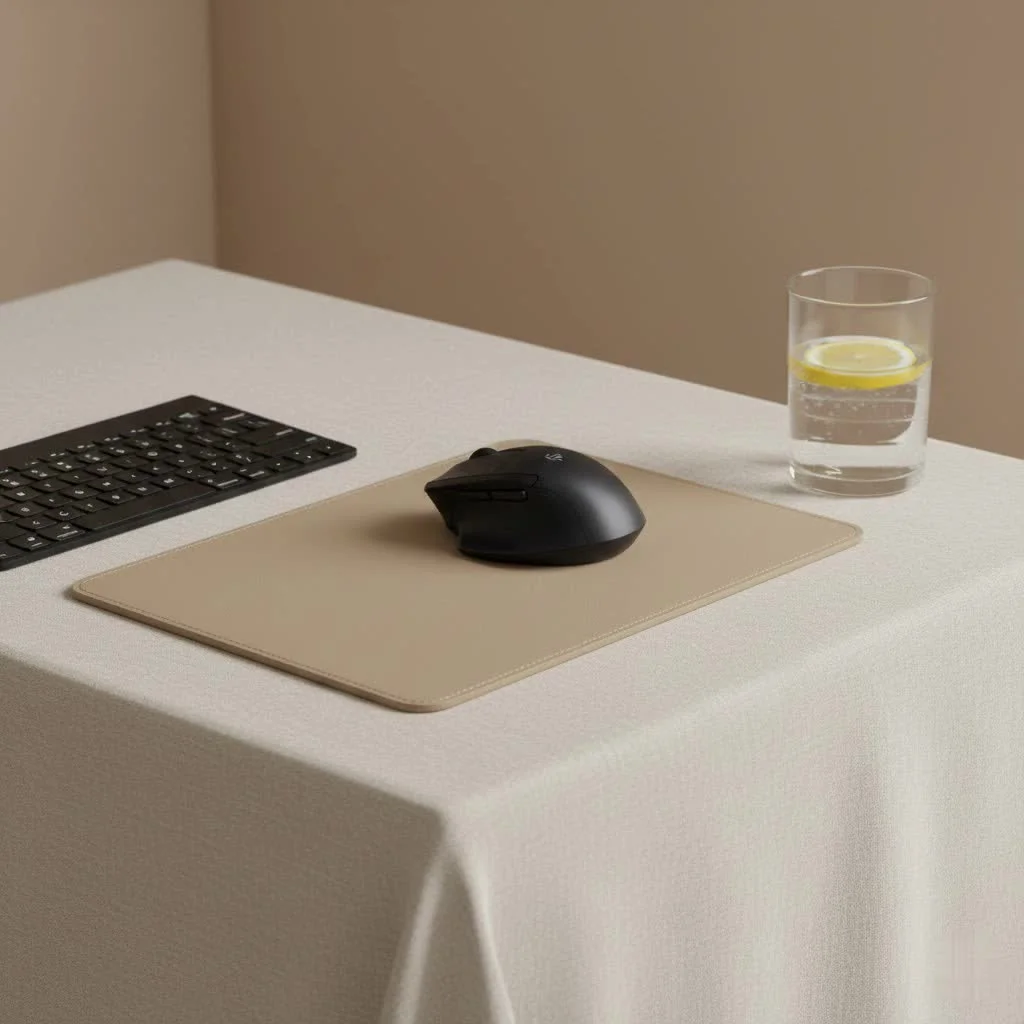 SteelSeries QcK gaming mouse pad on a desk with a gaming mouse