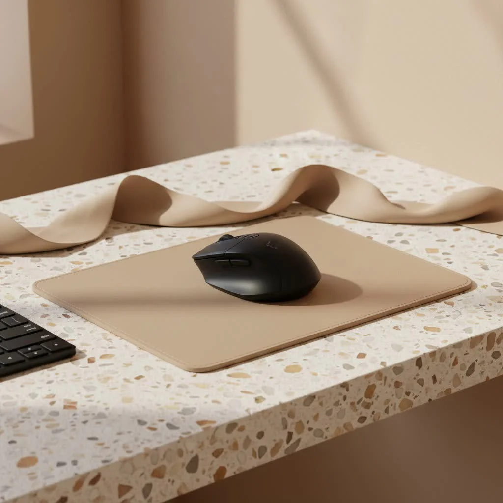 Purple mouse pad with a vibrant design on a desk