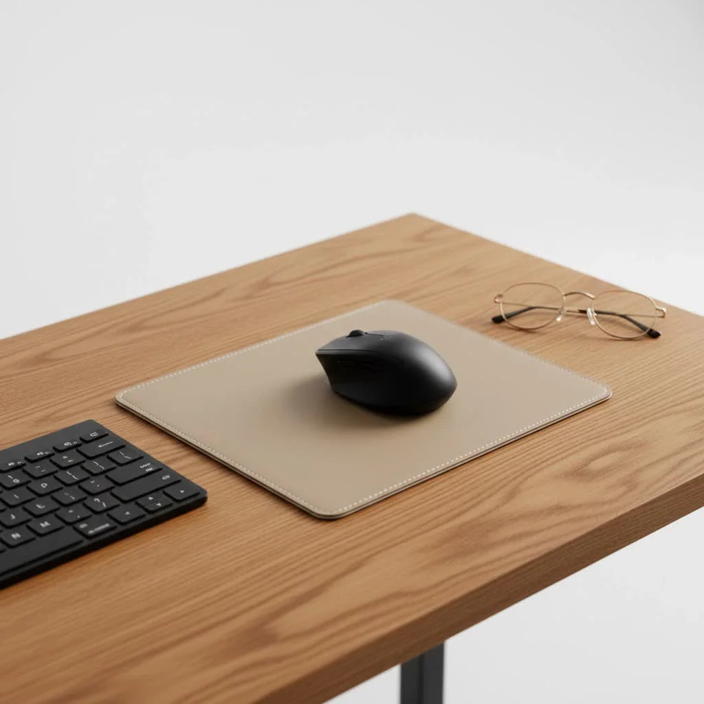 SteelSeries QcK gaming mouse pad on a desk with a gaming mouse